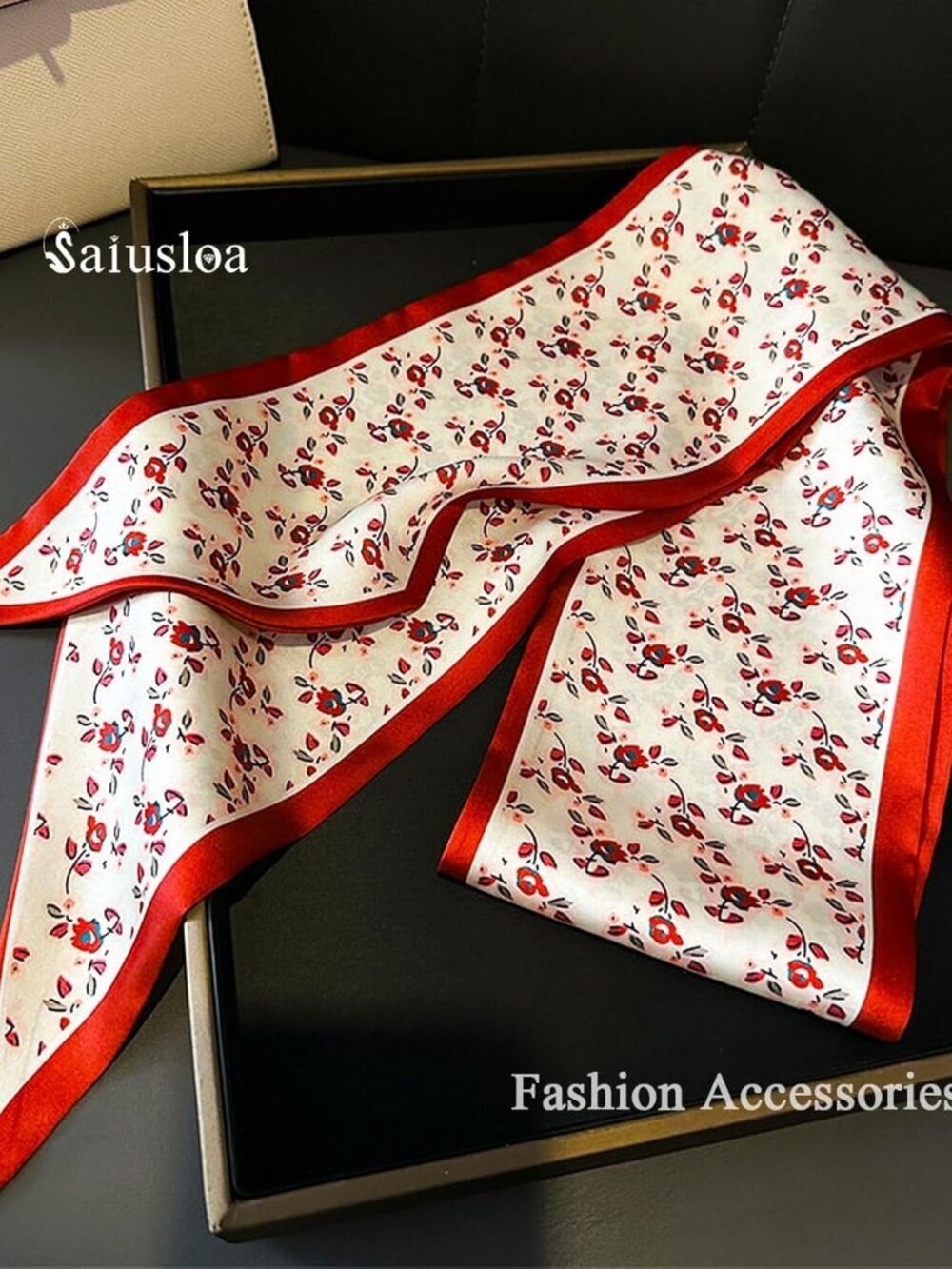 Women's Small Red Flowers Head Fashion Scarves Long Skinny Silky Hair Bags Scarf - Picture 4 of 6